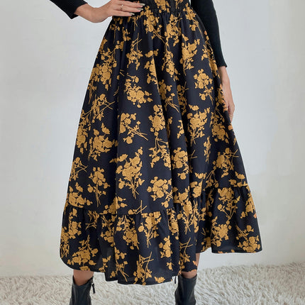 Women's Summer Boho Floral Printed Elastic Waist Ruffle A Line Midi Skirt