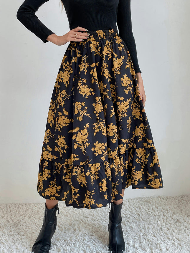 Women's Summer Boho Floral Printed Elastic Waist Ruffle A Line Midi Skirt
