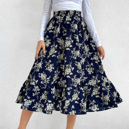 Women's Summer Boho Floral Printed Elastic Waist Ruffle A Line Midi Skirt