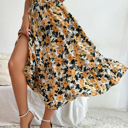 Women's Summer Boho Floral Printed Elastic Waist Ruffle A Line Midi Skirt
