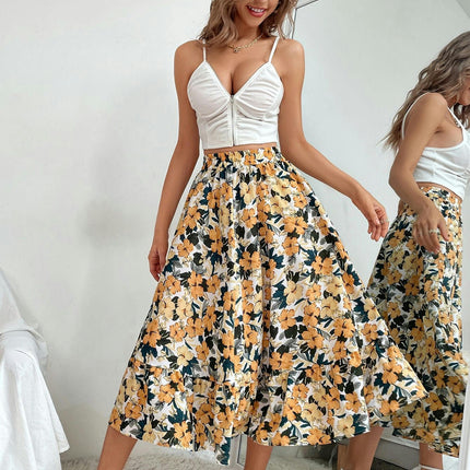 Women's Summer Boho Floral Printed Elastic Waist Ruffle A Line Midi Skirt