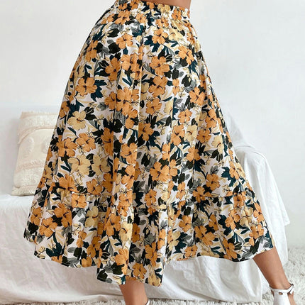 Women's Summer Boho Floral Printed Elastic Waist Ruffle A Line Midi Skirt