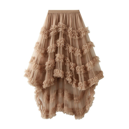 Women's Tulle Skirt Asymmetrical Pleated High Waist Layered A-Line Mesh Tutu Midi Skirt
