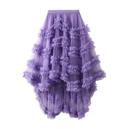 Women's Tulle Skirt Asymmetrical Pleated High Waist Layered A-Line Mesh Tutu Midi Skirt