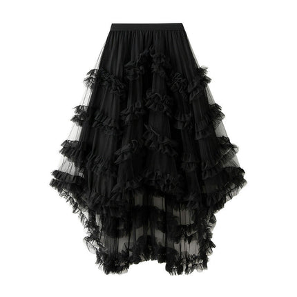 Women's Tulle Skirt Asymmetrical Pleated High Waist Layered A-Line Mesh Tutu Midi Skirt