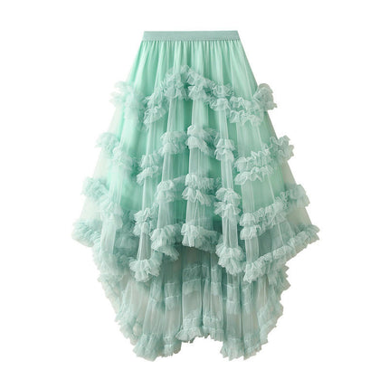 Women's Tulle Skirt Asymmetrical Pleated High Waist Layered A-Line Mesh Tutu Midi Skirt