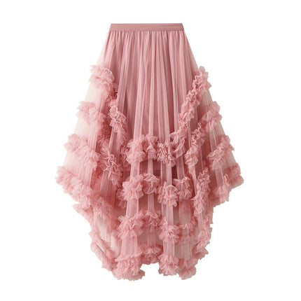Women's Tulle Skirt Asymmetrical Pleated High Waist Layered A-Line Mesh Tutu Midi Skirt