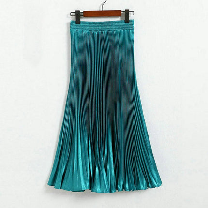 Women's Stretchy High Waist Metallic Accordion A-Line Pleated Midi Skirt