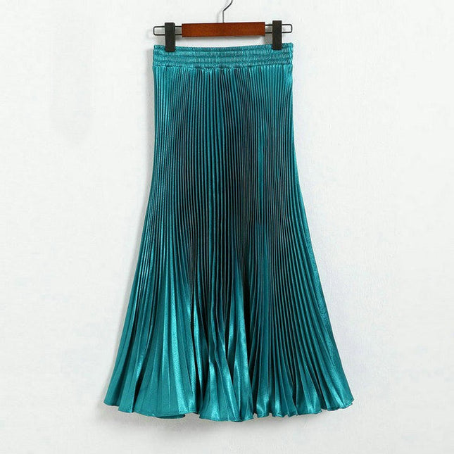 Women's Stretchy High Waist Metallic Accordion A-Line Pleated Midi Skirt
