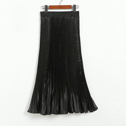 Women's Stretchy High Waist Metallic Accordion A-Line Pleated Midi Skirt