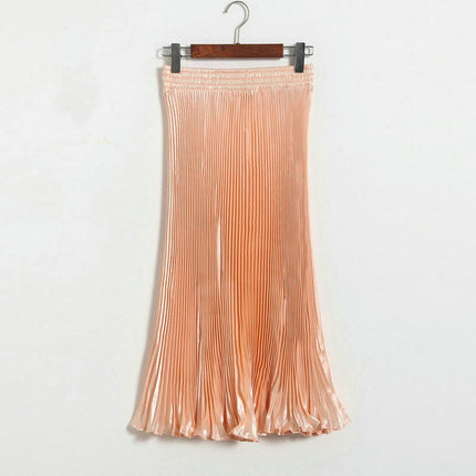 Women's Stretchy High Waist Metallic Accordion A-Line Pleated Midi Skirt