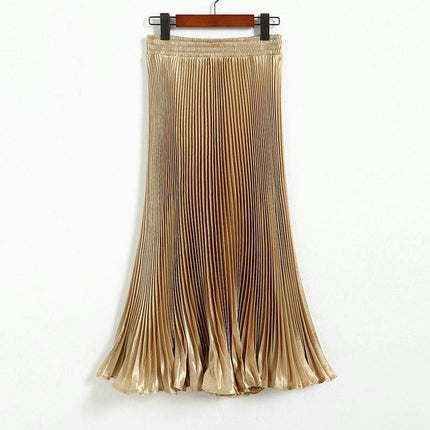 Women's Stretchy High Waist Metallic Accordion A-Line Pleated Midi Skirt