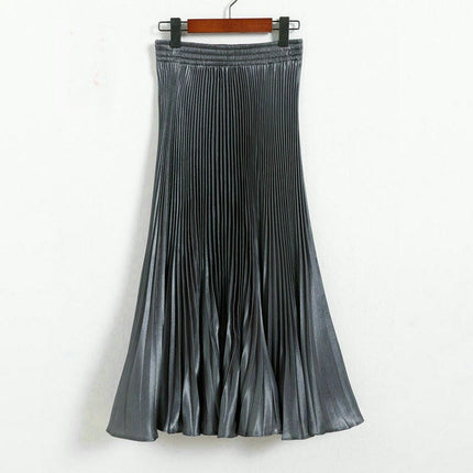 Women's Stretchy High Waist Metallic Accordion A-Line Pleated Midi Skirt