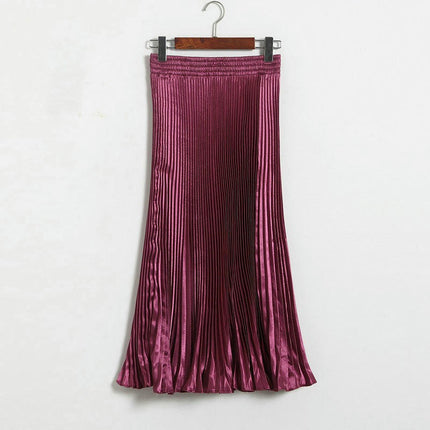 Women's Stretchy High Waist Metallic Accordion A-Line Pleated Midi Skirt