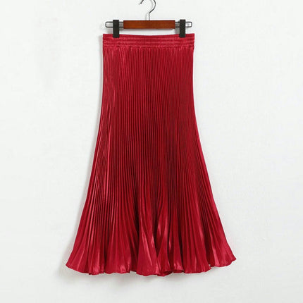 Women's Stretchy High Waist Metallic Accordion A-Line Pleated Midi Skirt