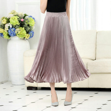 Women's Stretchy High Waist Metallic Accordion A-Line Pleated Midi Skirt