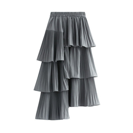 Women's Summer Elastic Waist Asymmetric Ruffle A-Line Pleated Midi Skirt