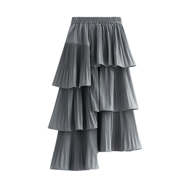 Women's Summer Elastic Waist Asymmetric Ruffle A-Line Pleated Midi Skirt
