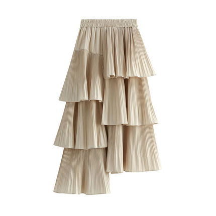 Women's Summer Elastic Waist Asymmetric Ruffle A-Line Pleated Midi Skirt