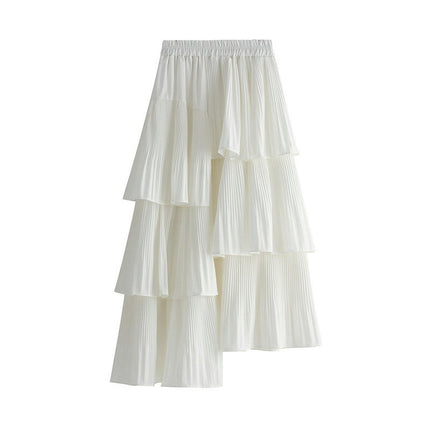 Women's Summer Elastic Waist Asymmetric Ruffle A-Line Pleated Midi Skirt