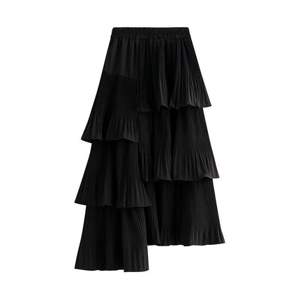 Women's Summer Elastic Waist Asymmetric Ruffle A-Line Pleated Midi Skirt