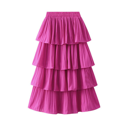 Women's High Waist Pleated Midi Skirt Swing A-line Layered Ruffle Flowy Skirts