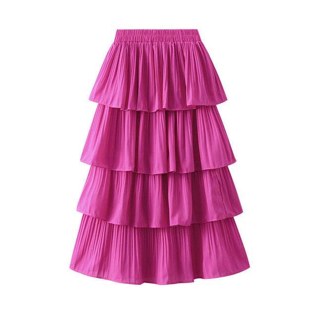 Women's High Waist Pleated Midi Skirt Swing A-line Layered Ruffle Flowy Skirts