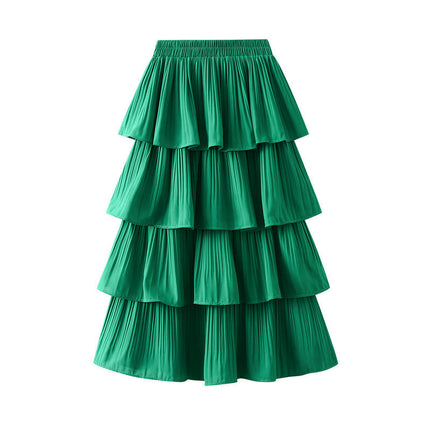 Women's High Waist Pleated Midi Skirt Swing A-line Layered Ruffle Flowy Skirts