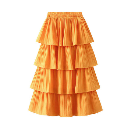Women's High Waist Pleated Midi Skirt Swing A-line Layered Ruffle Flowy Skirts