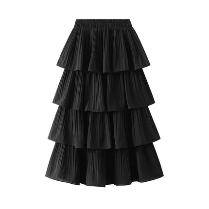 Women's High Waist Pleated Midi Skirt Swing A-line Layered Ruffle Flowy Skirts