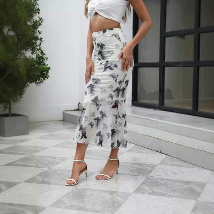 Women's Floral Print High Waist Bodycon Fishtail Mesh Midi Skirt