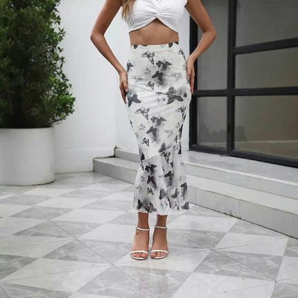 Women's Floral Print High Waist Bodycon Fishtail Mesh Midi Skirt