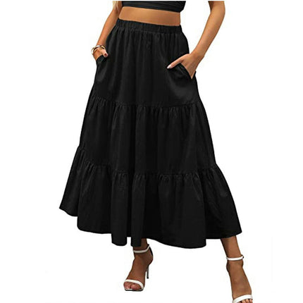 Women's Elastic High Waist Tiered Ruffle A Line Swing Beach Midi Skirt