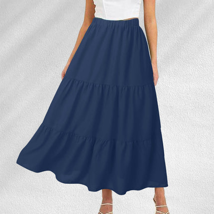 Women's Elastic High Waist Tiered Ruffle A Line Swing Beach Midi Skirt