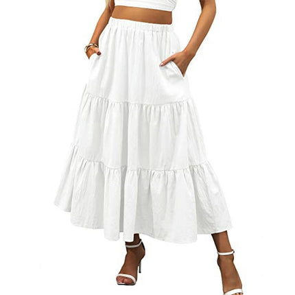 Women's Elastic High Waist Tiered Ruffle A Line Swing Beach Midi Skirt