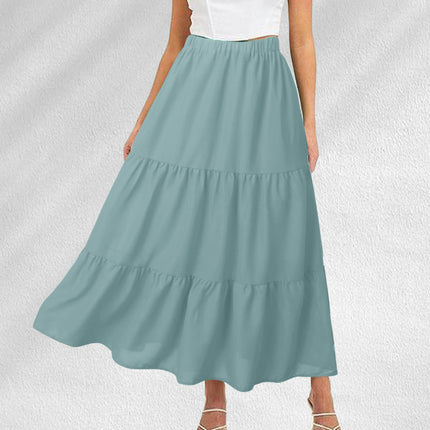 Women's Elastic High Waist Tiered Ruffle A Line Swing Beach Midi Skirt