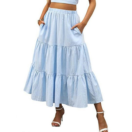 Women's Elastic High Waist Tiered Ruffle A Line Swing Beach Midi Skirt