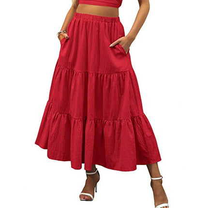 Women's Elastic High Waist Tiered Ruffle A Line Swing Beach Midi Skirt