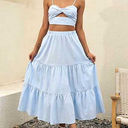 Women's Elastic High Waist Tiered Ruffle A Line Swing Beach Midi Skirt