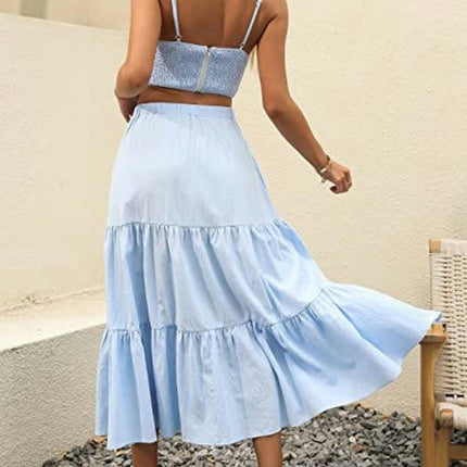 Women's Elastic High Waist Tiered Ruffle A Line Swing Beach Midi Skirt