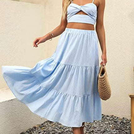 Women's Elastic High Waist Tiered Ruffle A Line Swing Beach Midi Skirt
