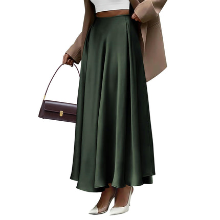 Women's Satin Elastic High Waist Ruffle Flowy A-line Elegant Midi Skirt