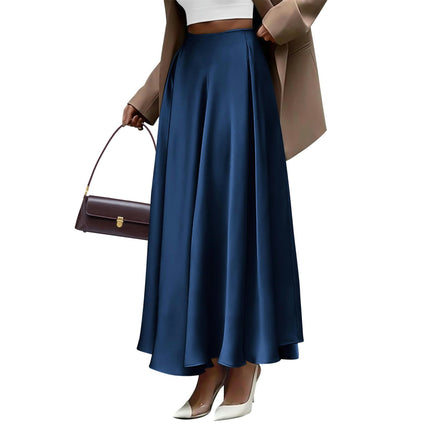 Women's Satin Elastic High Waist Ruffle Flowy A-line Elegant Midi Skirt