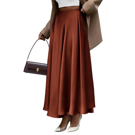 Women's Satin Elastic High Waist Ruffle Flowy A-line Elegant Midi Skirt