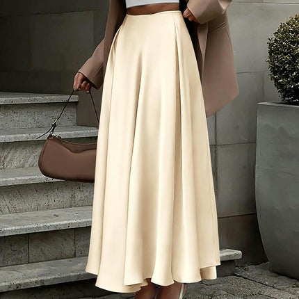 Women's Satin Elastic High Waist Ruffle Flowy A-line Elegant Midi Skirt