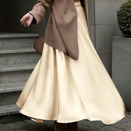 Women's Satin Elastic High Waist Ruffle Flowy A-line Elegant Midi Skirt