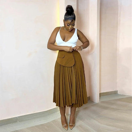Women Irregular Pleated High Waist Midi Skirt Accordion Flowy A Line Skirt