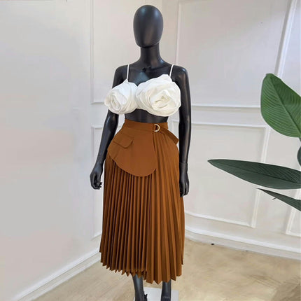 Women Irregular Pleated High Waist Midi Skirt Accordion Flowy A Line Skirt