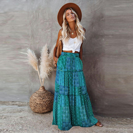 Women's Summer Bohemian Long Skirts Flowy High Waist A Line Maxi Skirts
