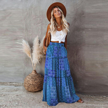 Women's Summer Bohemian Long Skirts Flowy High Waist A Line Maxi Skirts